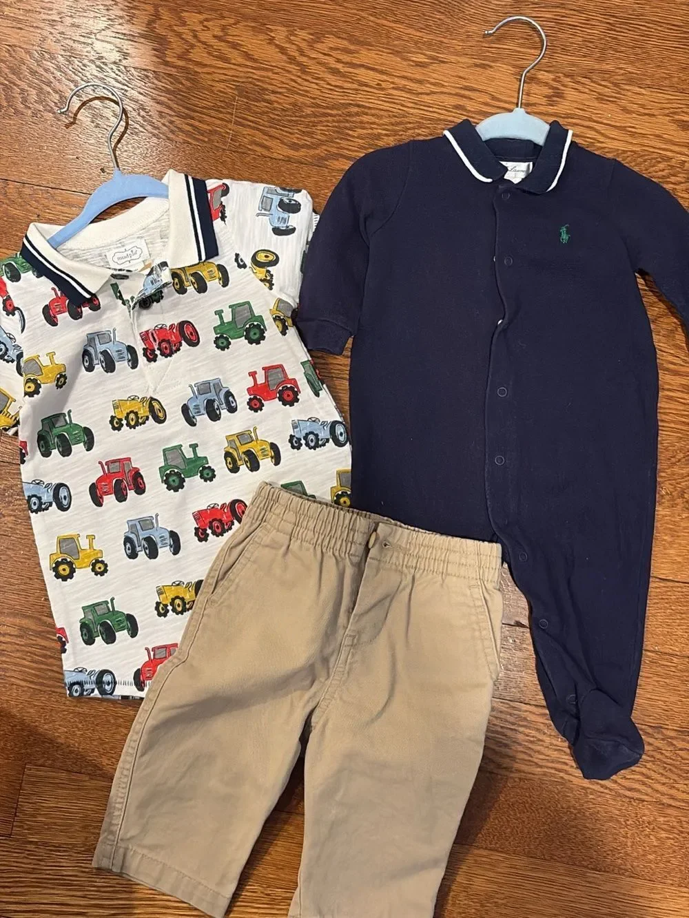 Ralph Lauren Navy Footed Polo One-Piece with White Tractor Polo & Tan Pants